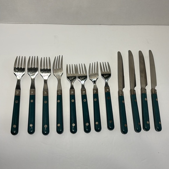 Pier 1 Imports Stainless Flatware Green Teal Rounded Handles SO 12 Forks Knives - Picture 13 of 14